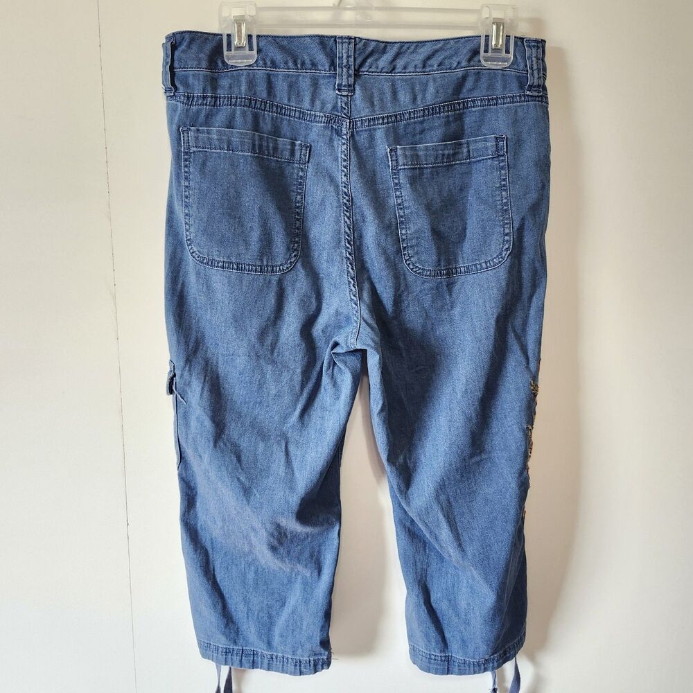 St Johns Bay Embroidered Denim Capri Pants Cargo Pocket Stretch Blue Womens 4 - Picture 5 of 13